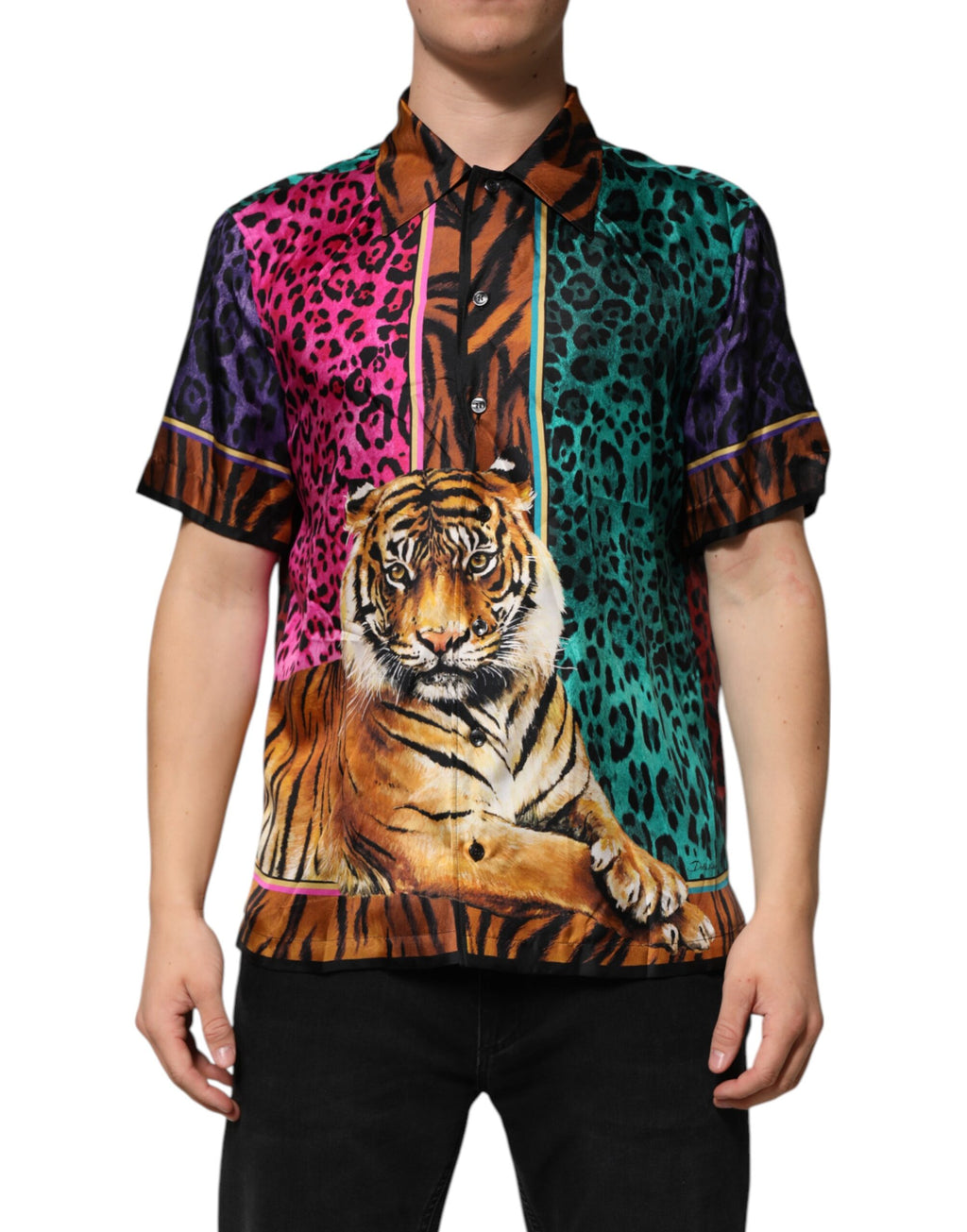 T-shirt hawaïen en soie multicolore avec motif tigre de Dolce & Gabbana, style vibrant et luxueux.