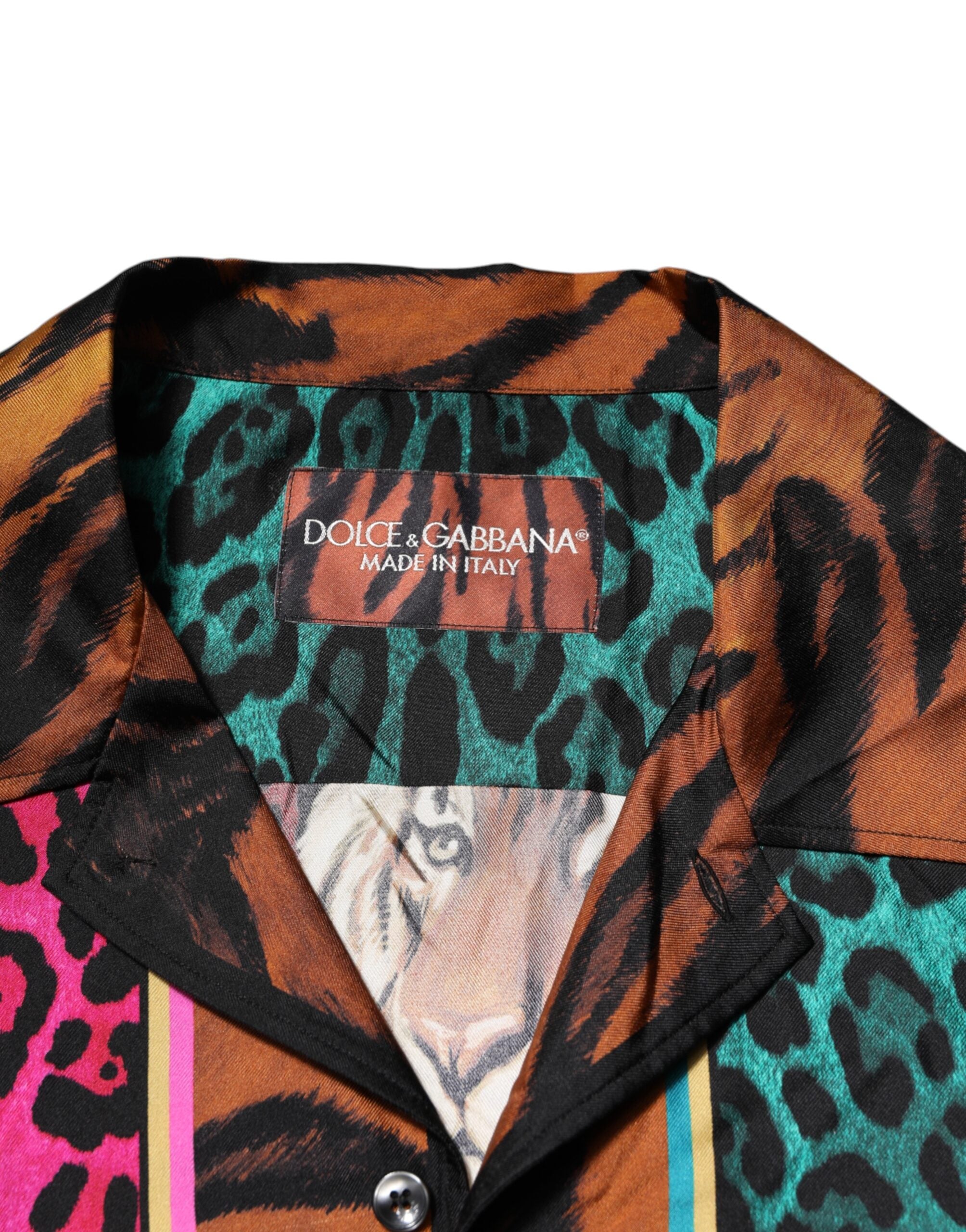 T-shirt hawaïen en soie multicolore avec motif tigre de Dolce & Gabbana, élégant et coloré.
