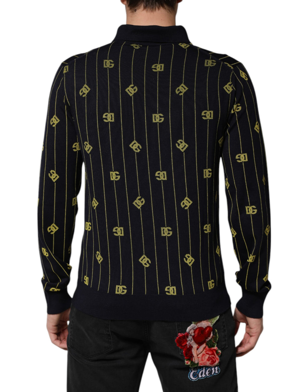 Polo en jersey jacquard noir Dolce & Gabbana avec logo noir sur le devant, col classique, manches longues.