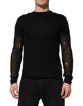 T-shirt à manches longues en lin noir avec maille dentelée et déchirures, signé Dolce & Gabbana.