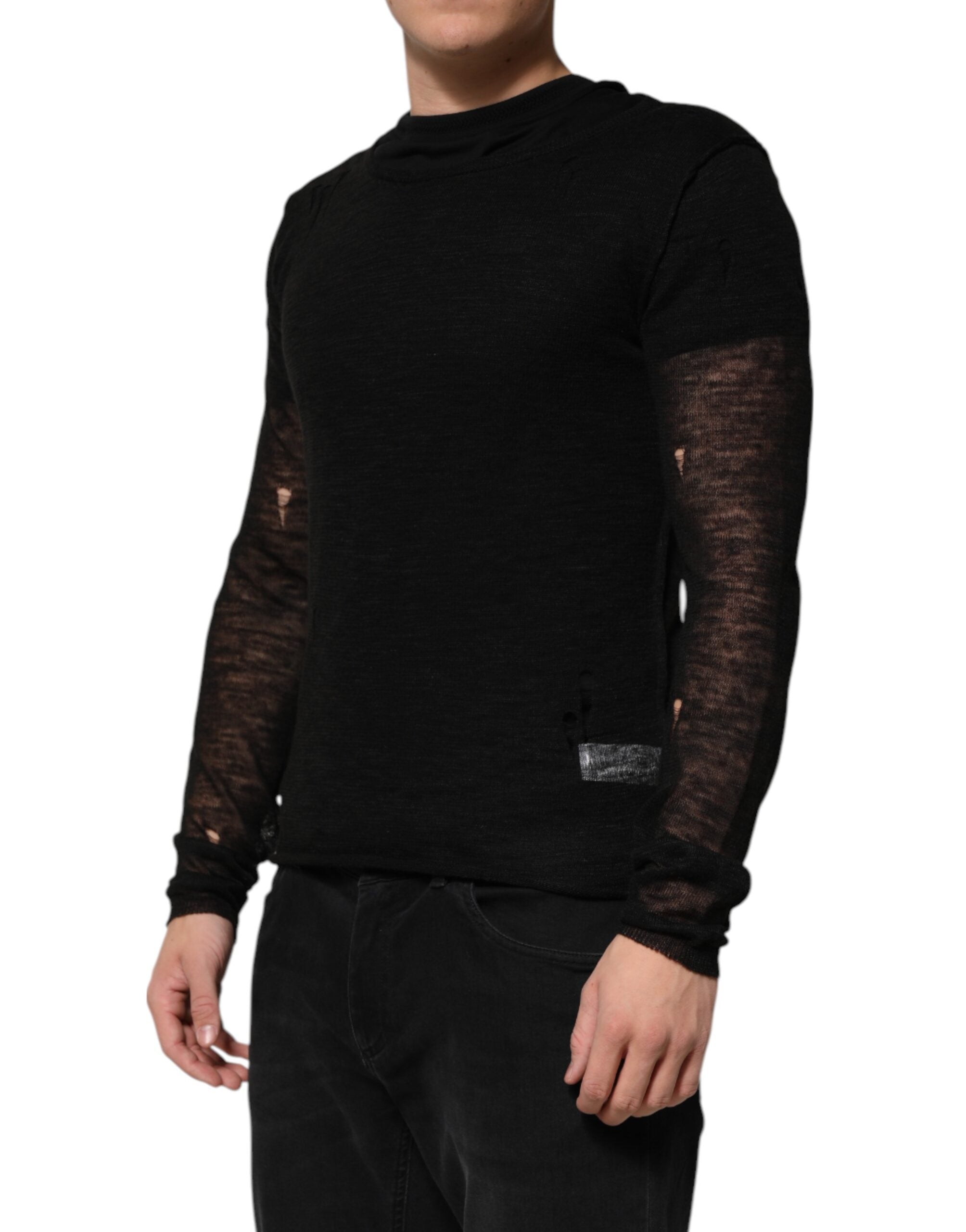 T-shirt noir en lin et mesh Dolce & Gabbana avec manches longues déchirées, style décontracté et tendance.