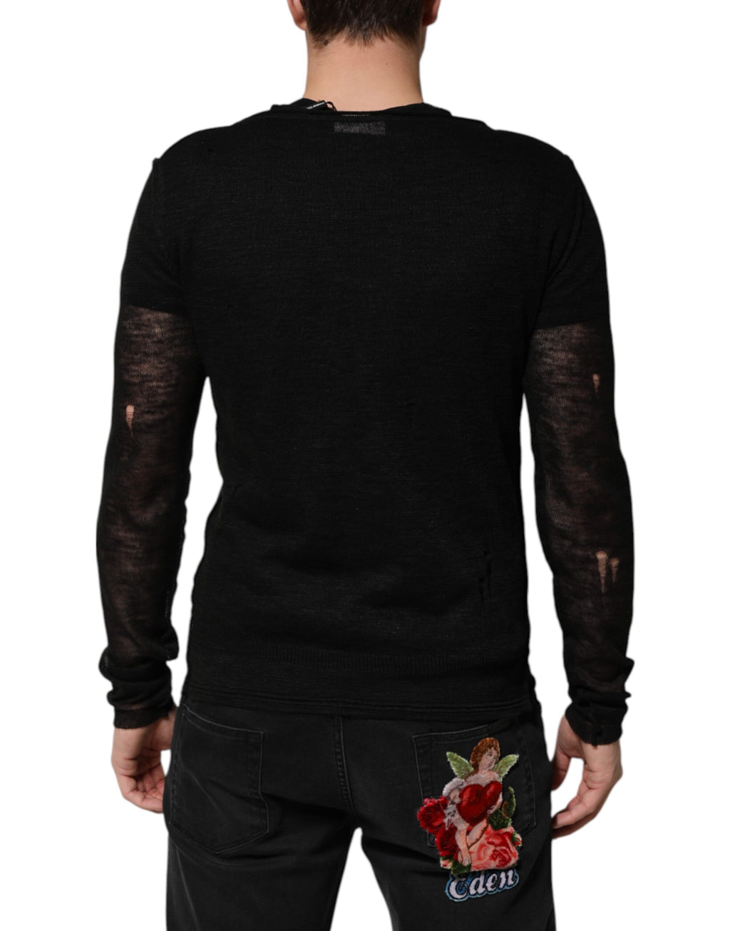 T-shirt à manches longues en lin noir et mesh tissé tattered de Dolce & Gabbana, style élégant et décontracté.