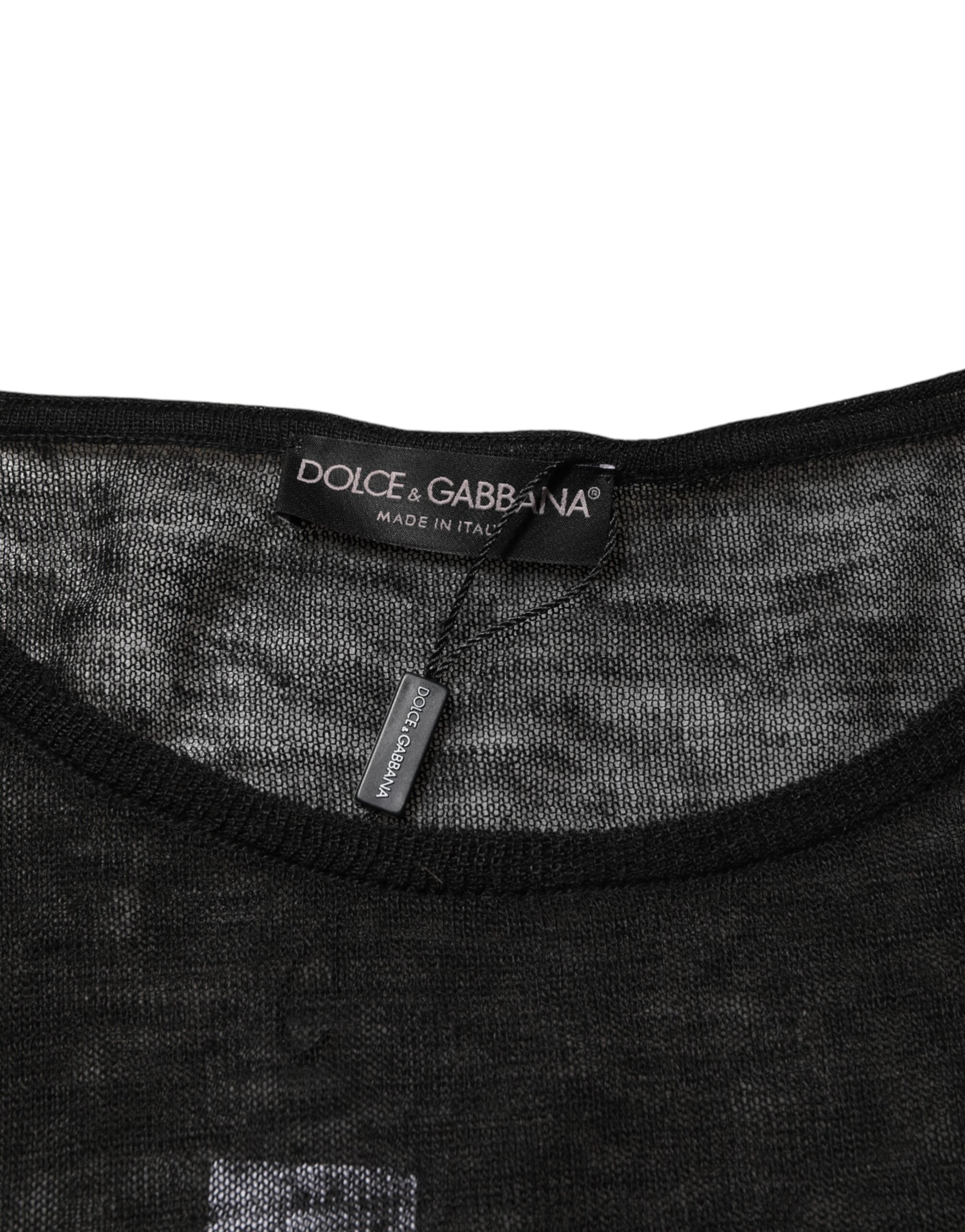 T-shirt noir en lin et mesh Dolce & Gabbana avec manches longues déchirées et style décontracté.