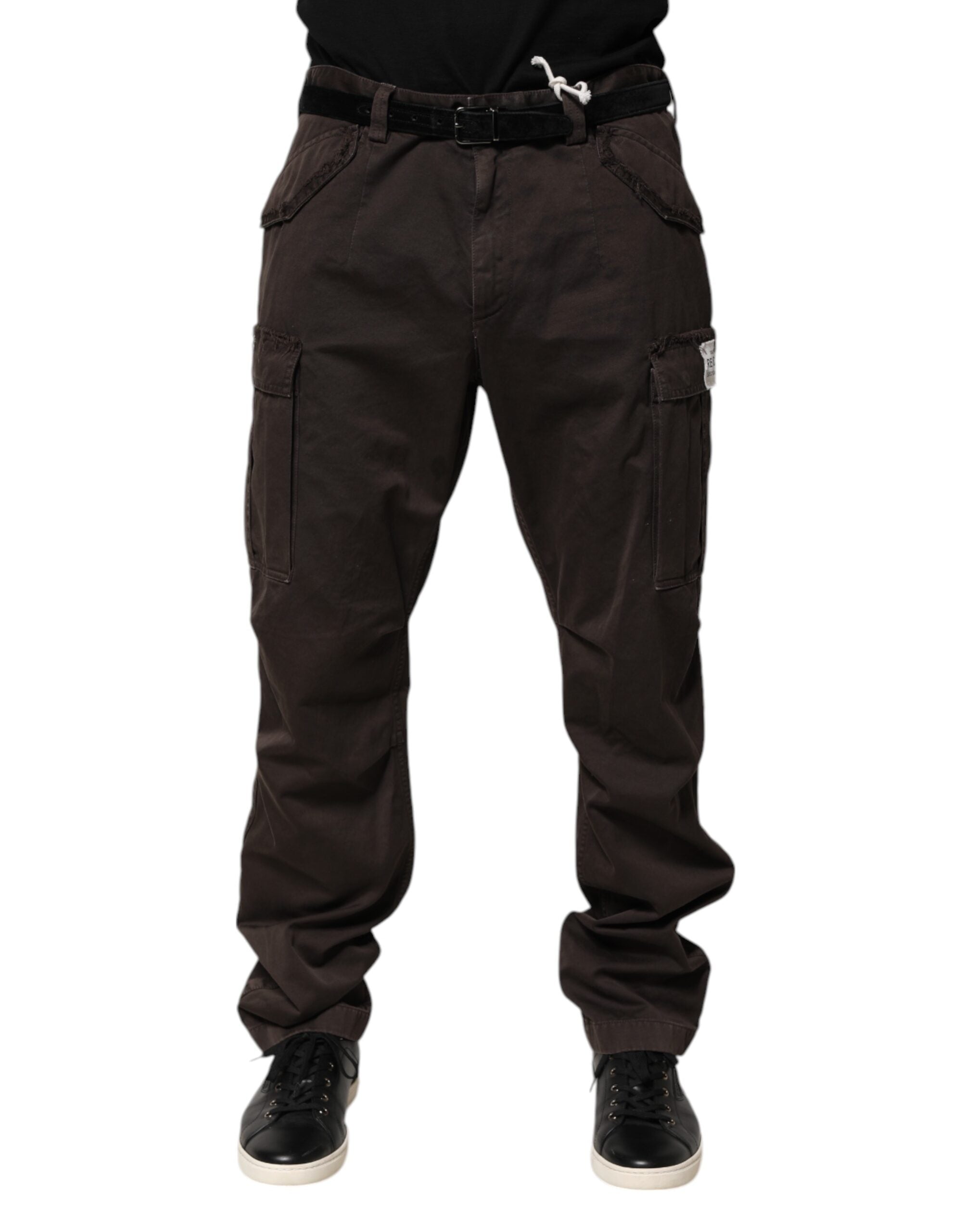 Pantalon cargo pour homme Dolce & Gabbana en coton stretch marron, style décontracté avec poches latérales et taille ajustable.