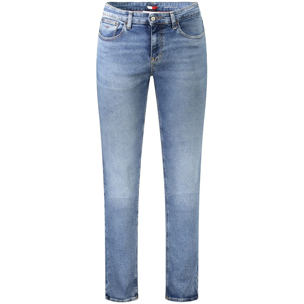 Jeans homme en coton Tommy Hilfiger bleu, coupe classique avec détails de marque visibles.