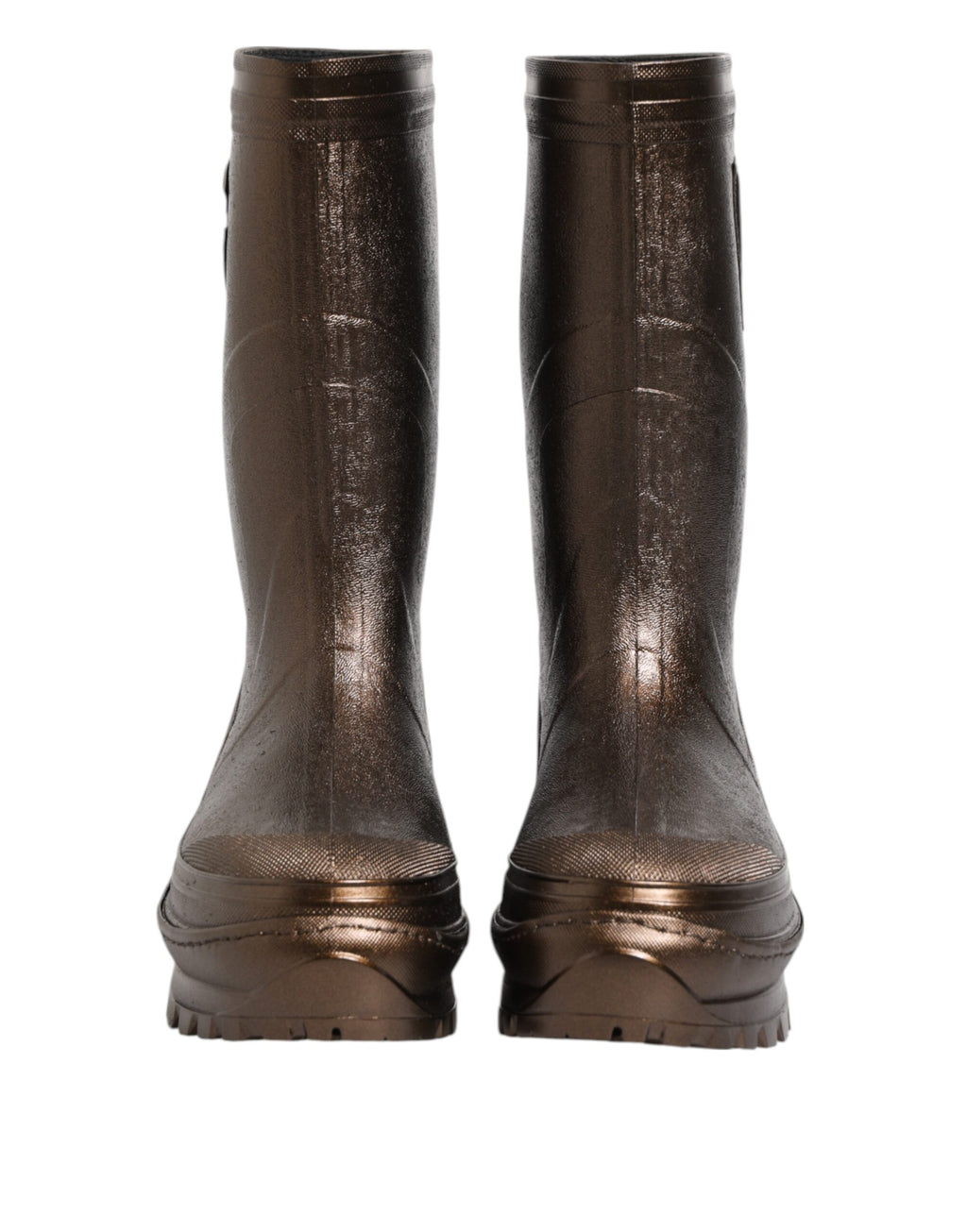 Bottes de pluie Dolce & Gabbana en bronze métallisé, à enfiler, avec semelle antidérapante et design élégant en caoutchouc.