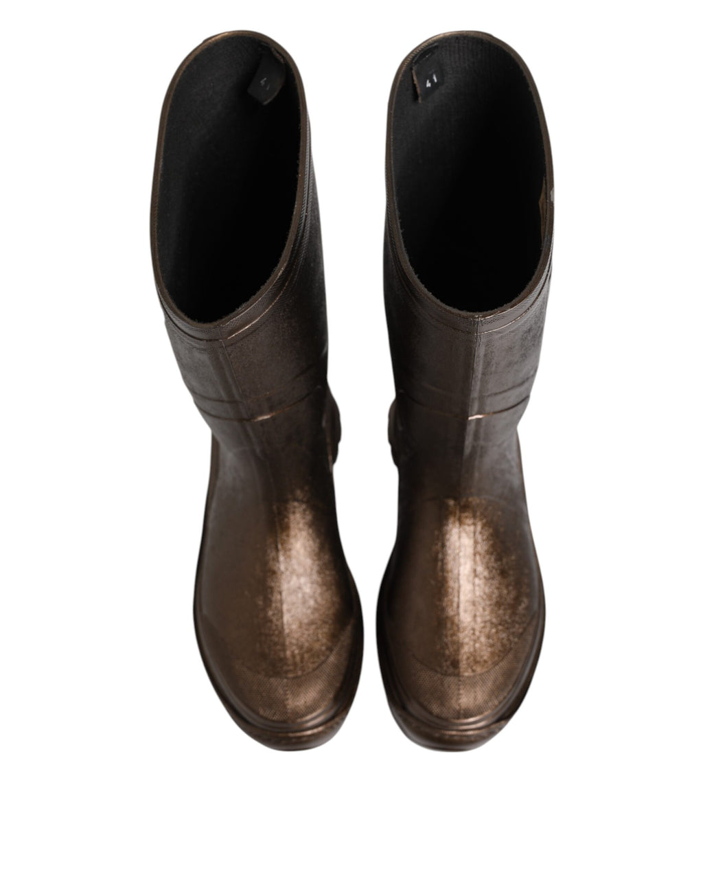 Bottes de pluie en bronze métallisé Dolce & Gabbana, faciles à enfiler, avec semelle antidérapante et design élégant.
