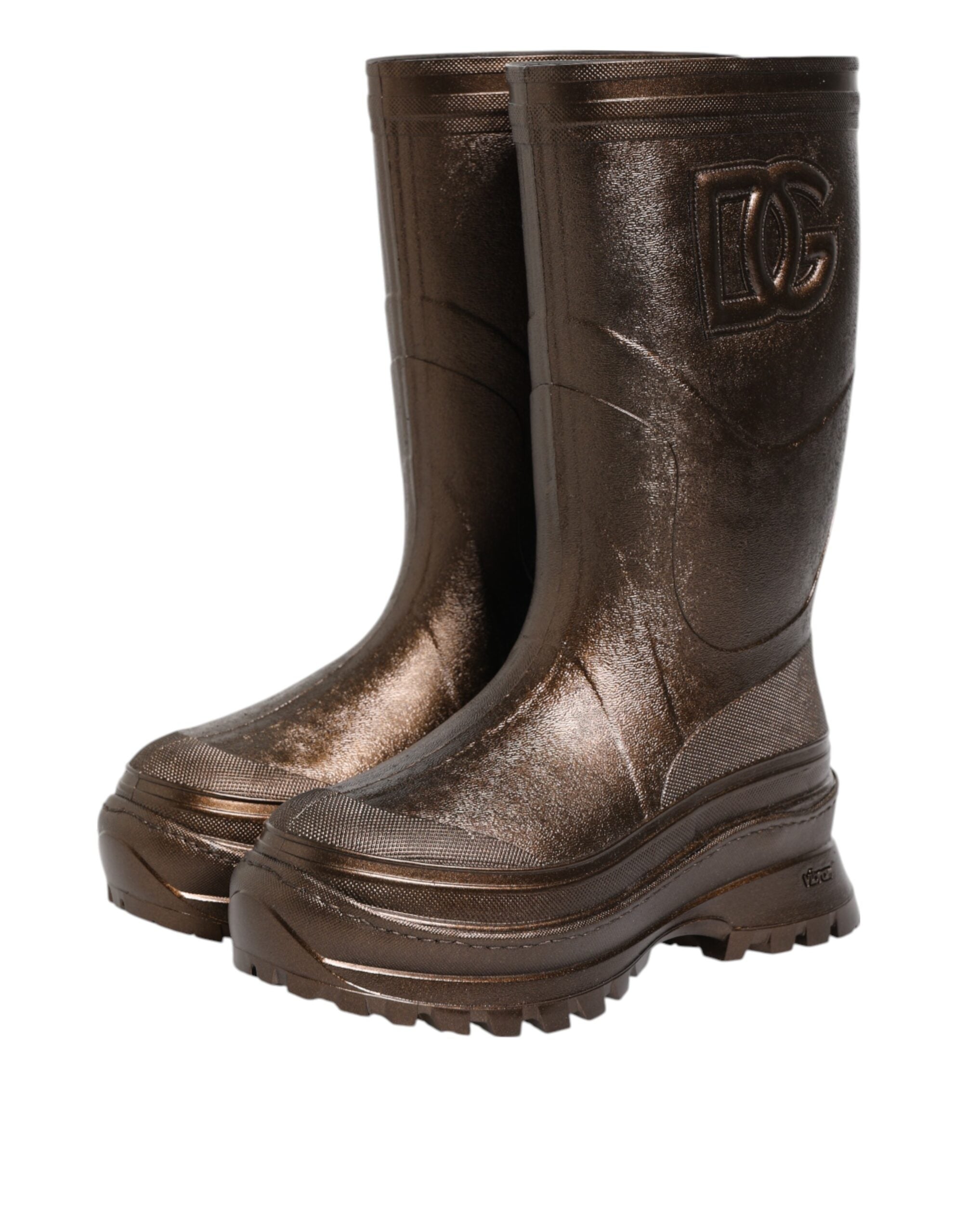 Bottes de pluie dorées métalliques Dolce & Gabbana à enfiler, en caoutchouc brillant et élégantes pour pluie et style.