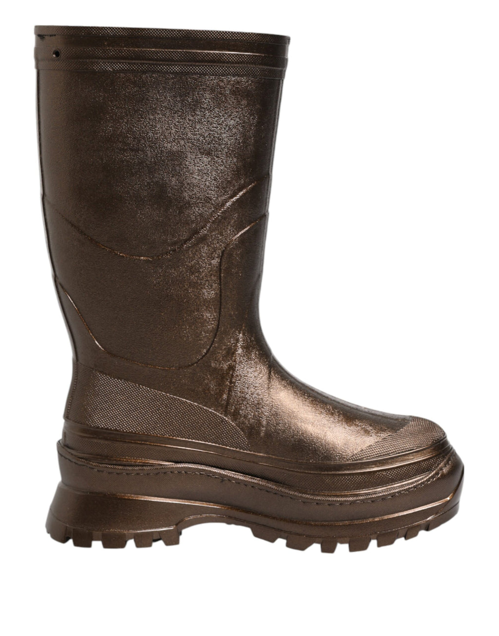 Bottes de pluie en bronze métallisé Dolce & Gabbana, style pull-on, en caoutchouc brillant, chaussures imperméables élégantes.