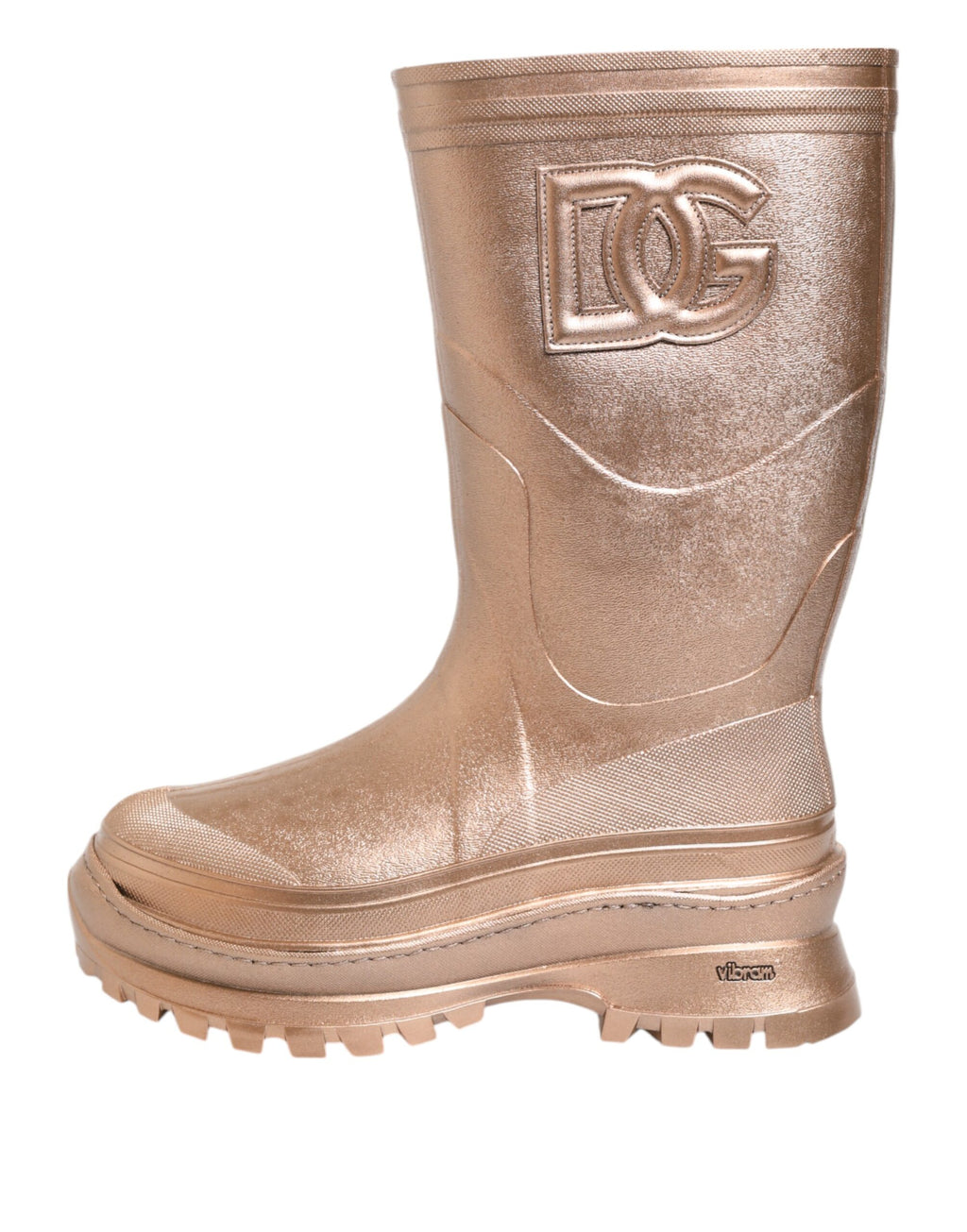 Bottes de pluie en caoutchouc rose doré Dolce & Gabbana avec tirage, style élégant et pratique, vues de côté.