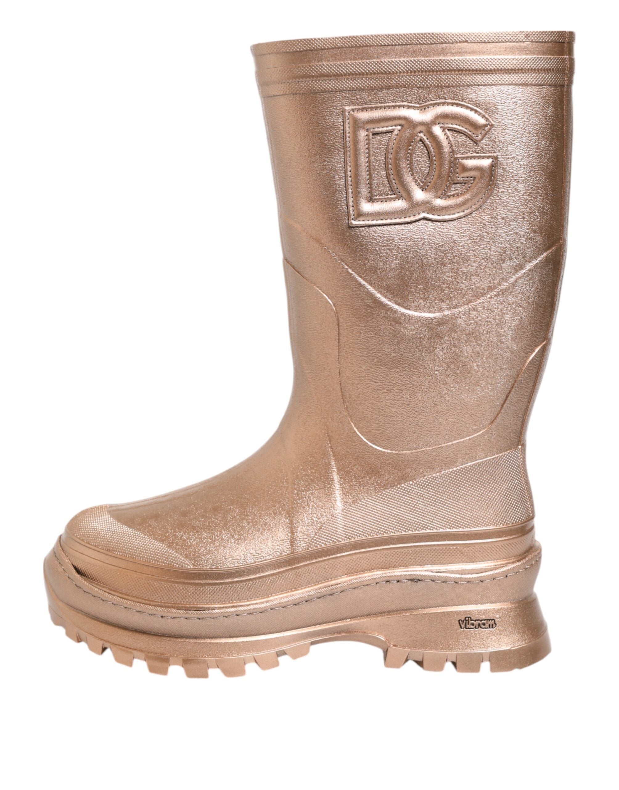 Bottes de pluie en caoutchouc rose doré Dolce & Gabbana avec tirage, style élégant et pratique, vues de côté.