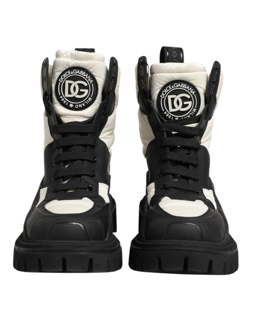 Bottes Dolce & Gabbana noires et blanches, rembourrées, mi-mollet, avec lacets, chaussures élégantes pour femmes