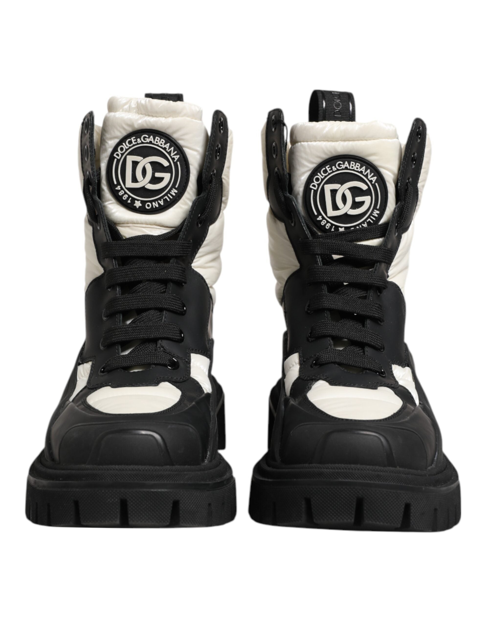 Bottes Dolce & Gabbana noires et blanches, rembourrées, mi-mollet, avec lacets, chaussures élégantes pour femmes