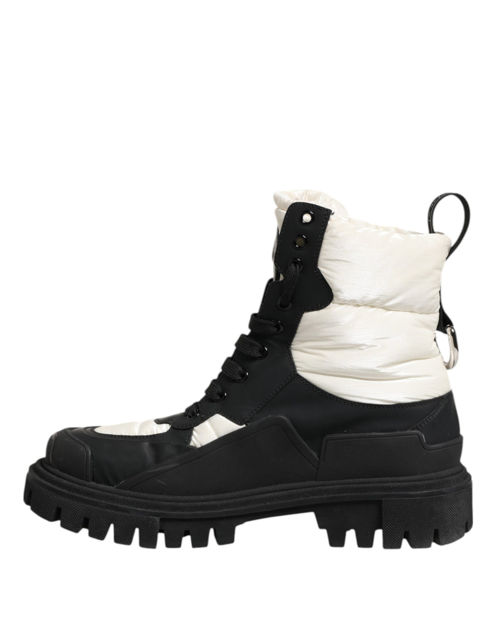 Bottes Dolce & Gabbana noires et blanches, mi-mollet, rembourrées, à lacets, pour femme, visibles en gros plan.
