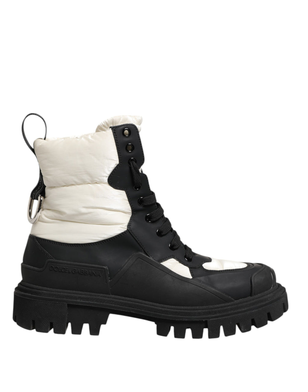 Bottes mi-mollet noires et blanches Dolce & Gabbana en cuir rembourré avec lacets, style élégant et moderne.