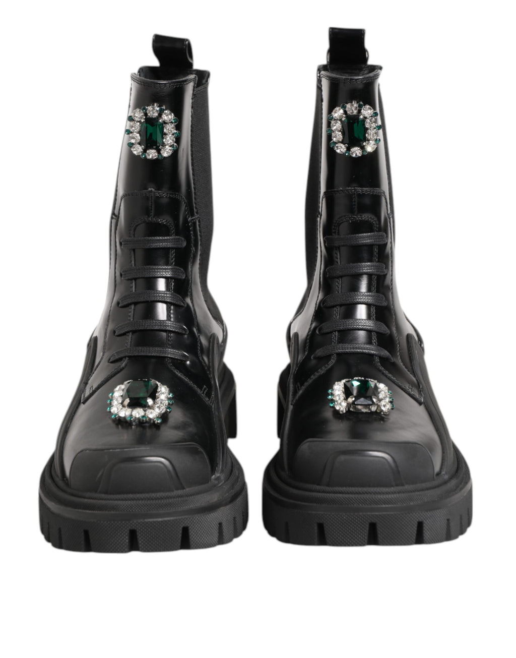 Bottes de combat noires Dolce & Gabbana avec cristaux brillants, chaussures robustes et élégantes.