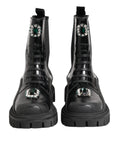 Bottes de combat noires Dolce & Gabbana avec cristaux brillants, chaussures robustes et élégantes.