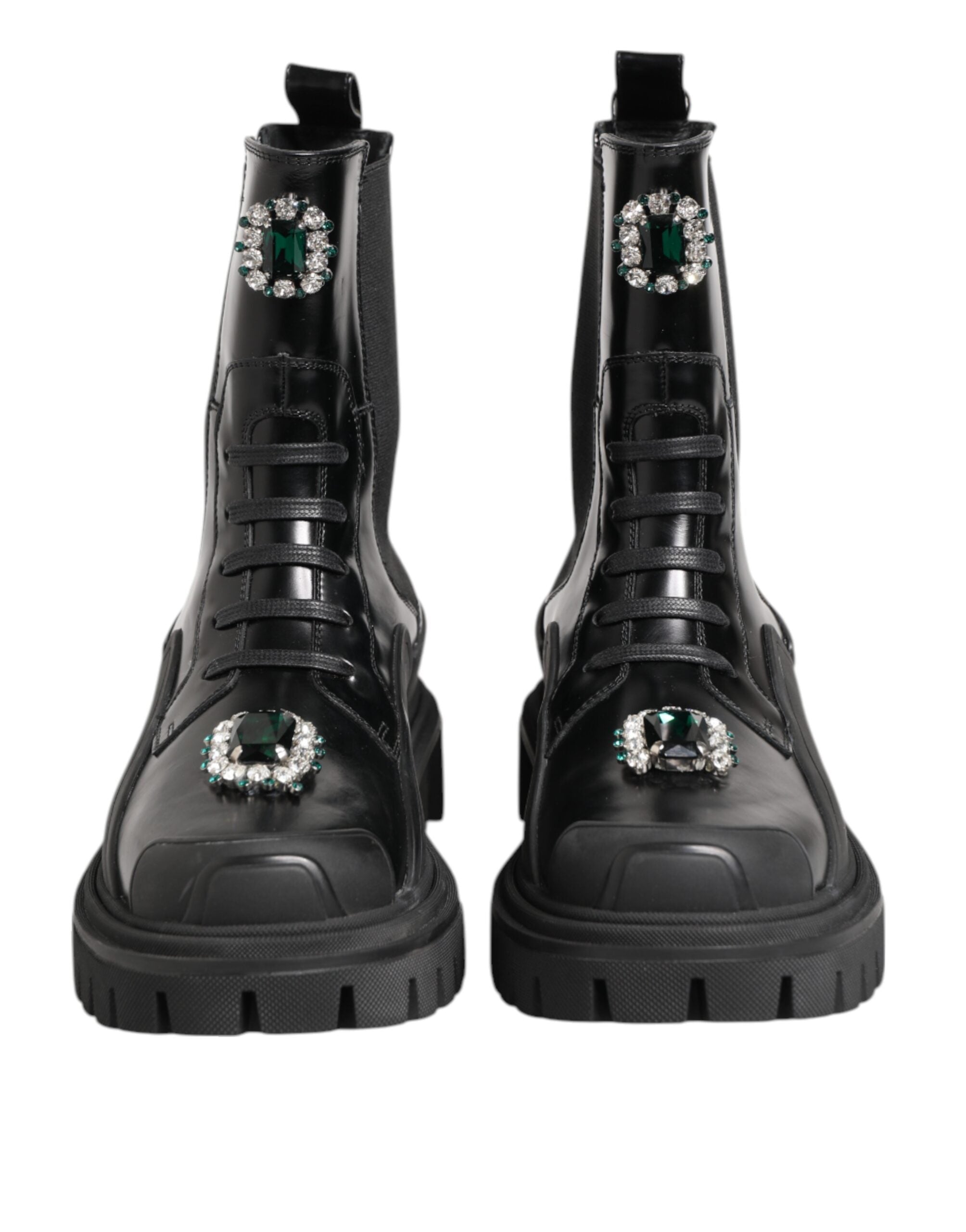 Bottes de combat noires Dolce & Gabbana avec cristaux brillants, chaussures robustes et élégantes.