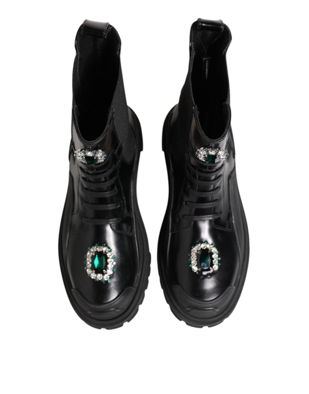 Bottes de combat noires Dolce & Gabbana ornées de cristaux brillants, chaussures à style robuste et élégant, vue de face.