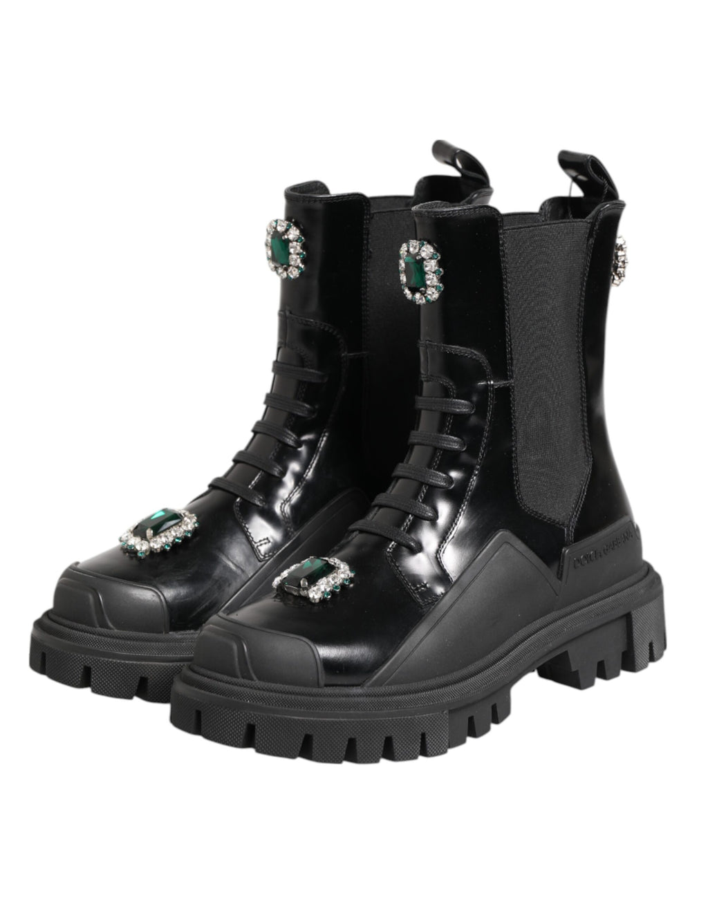 Bottes de combat noires Dolce & Gabbana ornées de cristaux brillants, chaussures élégantes en style combat.