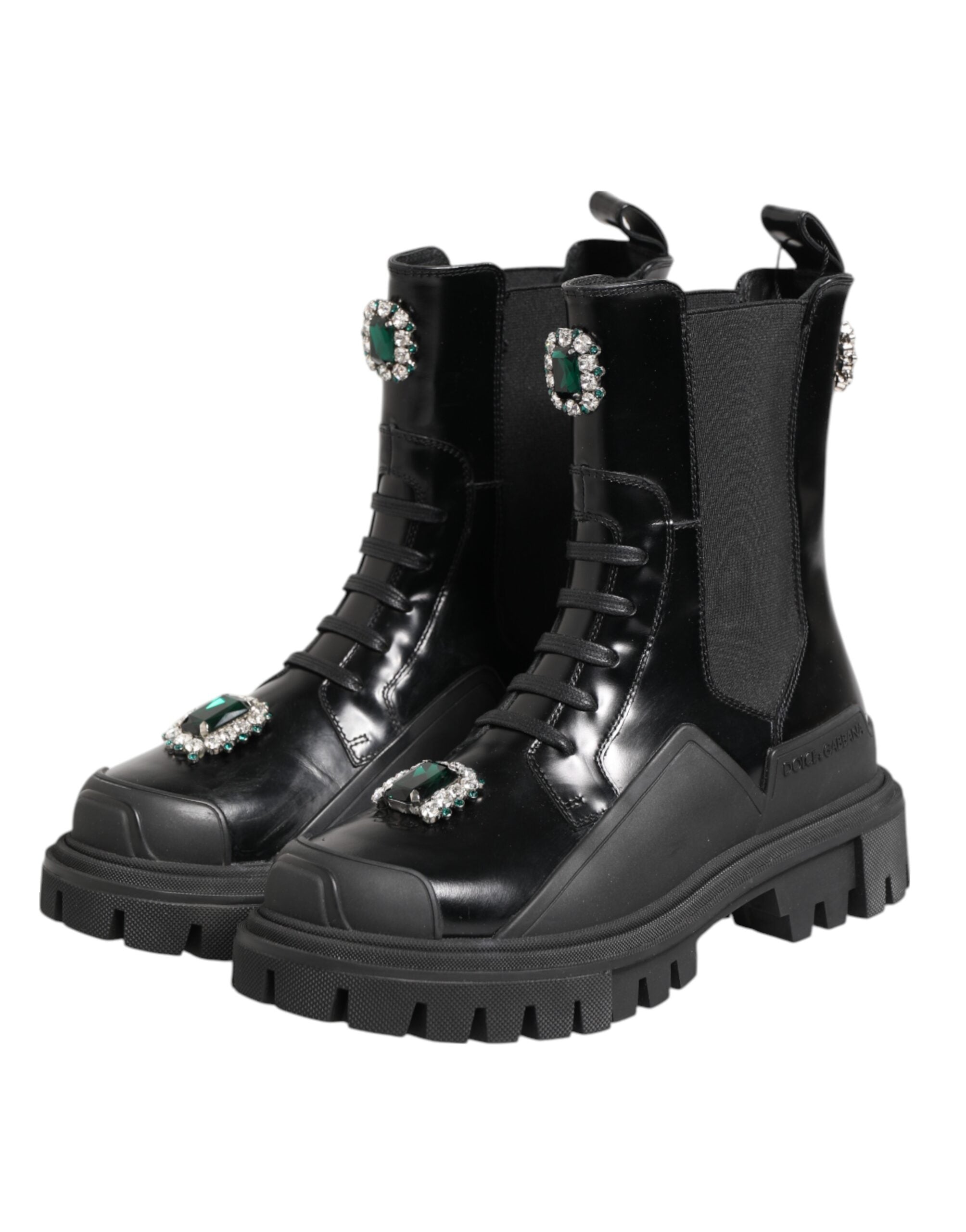 Bottes de combat noires Dolce & Gabbana ornées de cristaux brillants, chaussures élégantes en style combat.