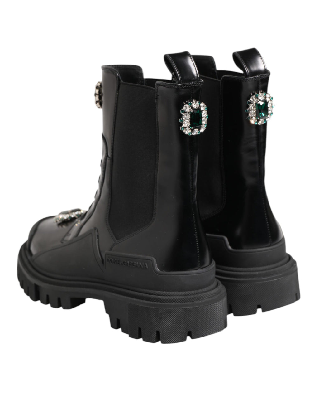 Bottes de combat noires Dolce & Gabbana avec embellissements en cristaux et semelle robuste.