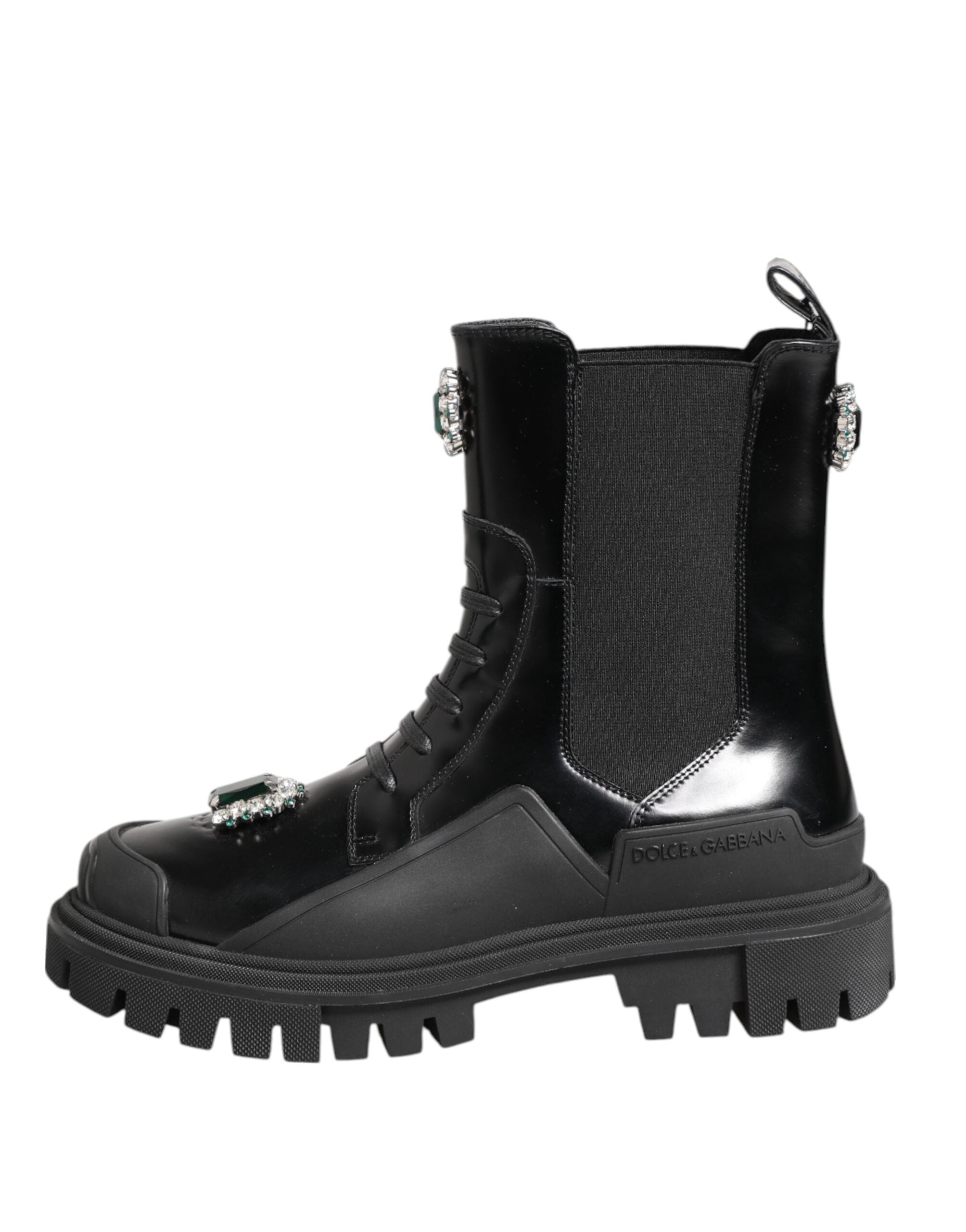 Bottes de combat noires Dolce & Gabbana ornées de cristaux brillants, chaussures élégantes et tendance.