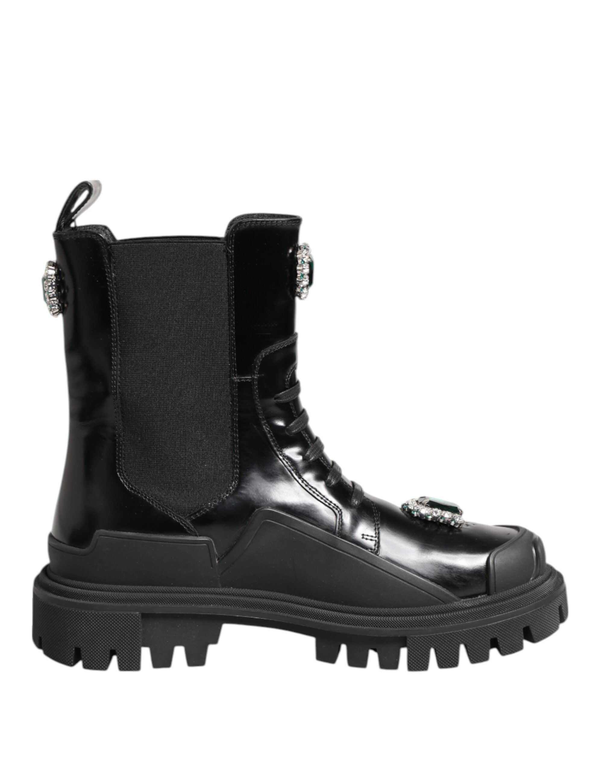 Chaussures combat Dolce & Gabbana noires avec cristaux, bottes en cuir élégantes et ornées de détails brillants.