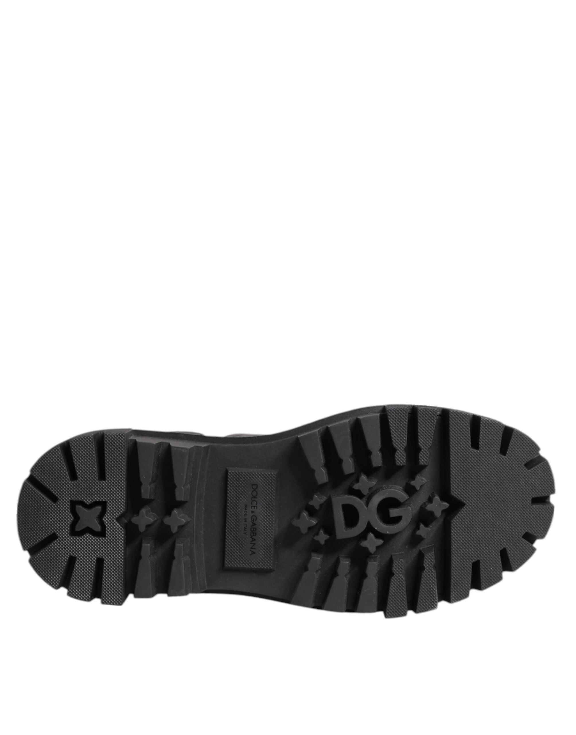 Bottes de combat noires Dolce & Gabbana avec cristaux brillants, style élégant et détails sophistiqués.