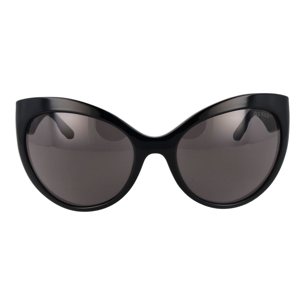 Lunettes de soleil en plastique noir de la marque Guess, avec monture élégante et design moderne, visibles sur l'image.