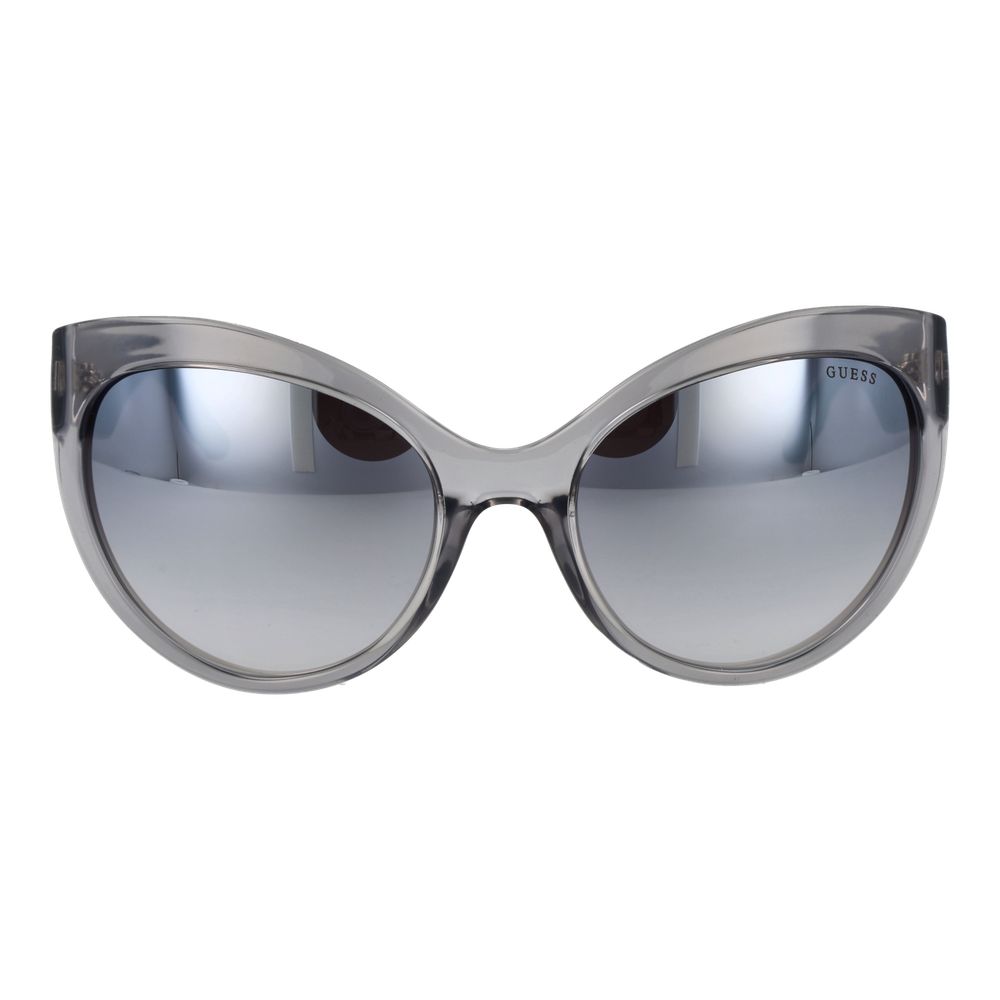 Lunettes de soleil en plastique gris de marque Guess, style moderne avec monture rectangulaire et verres teintés.