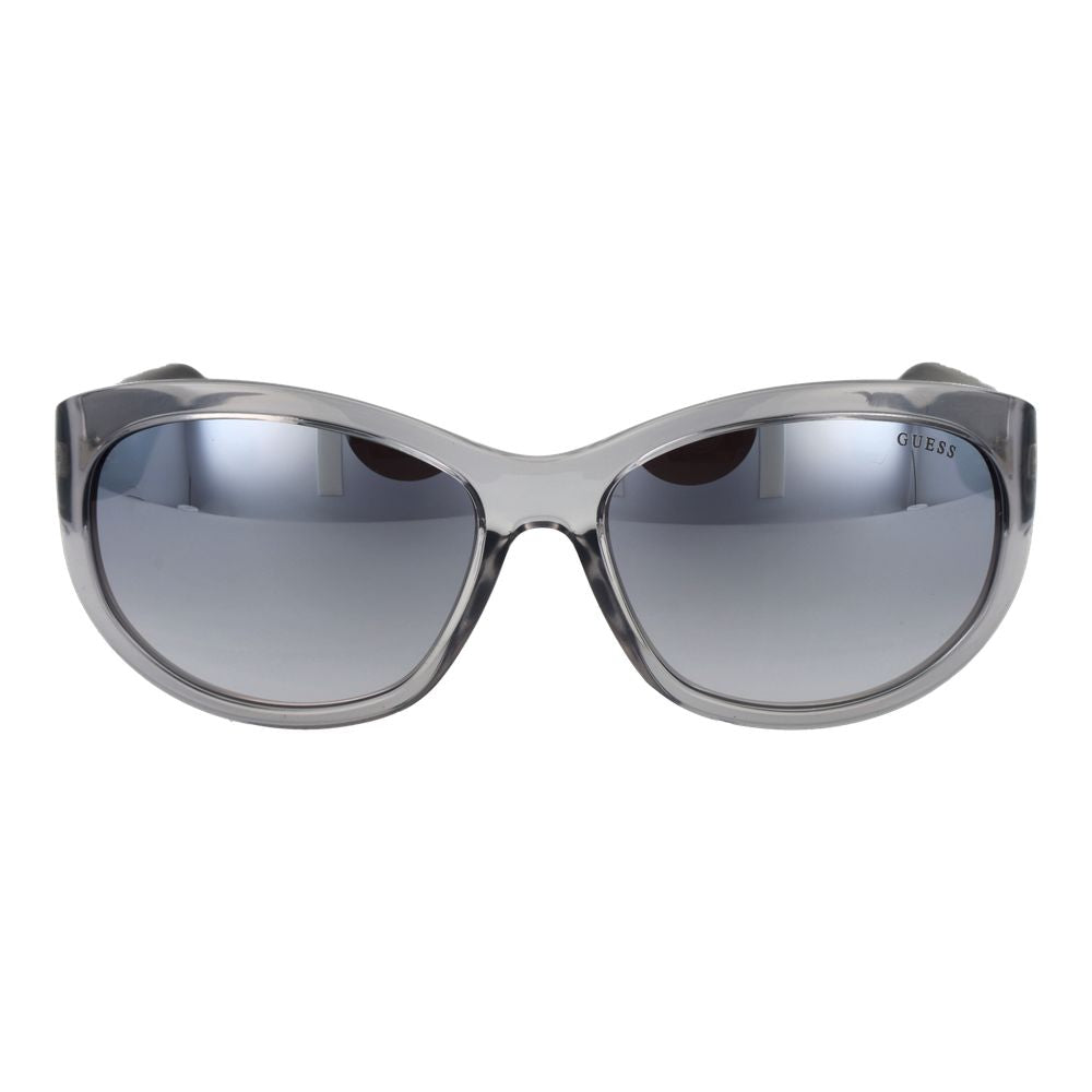 Lunettes de soleil Guess gris en acier inoxydable avec monture élégante et branches épaisses, vue de face.