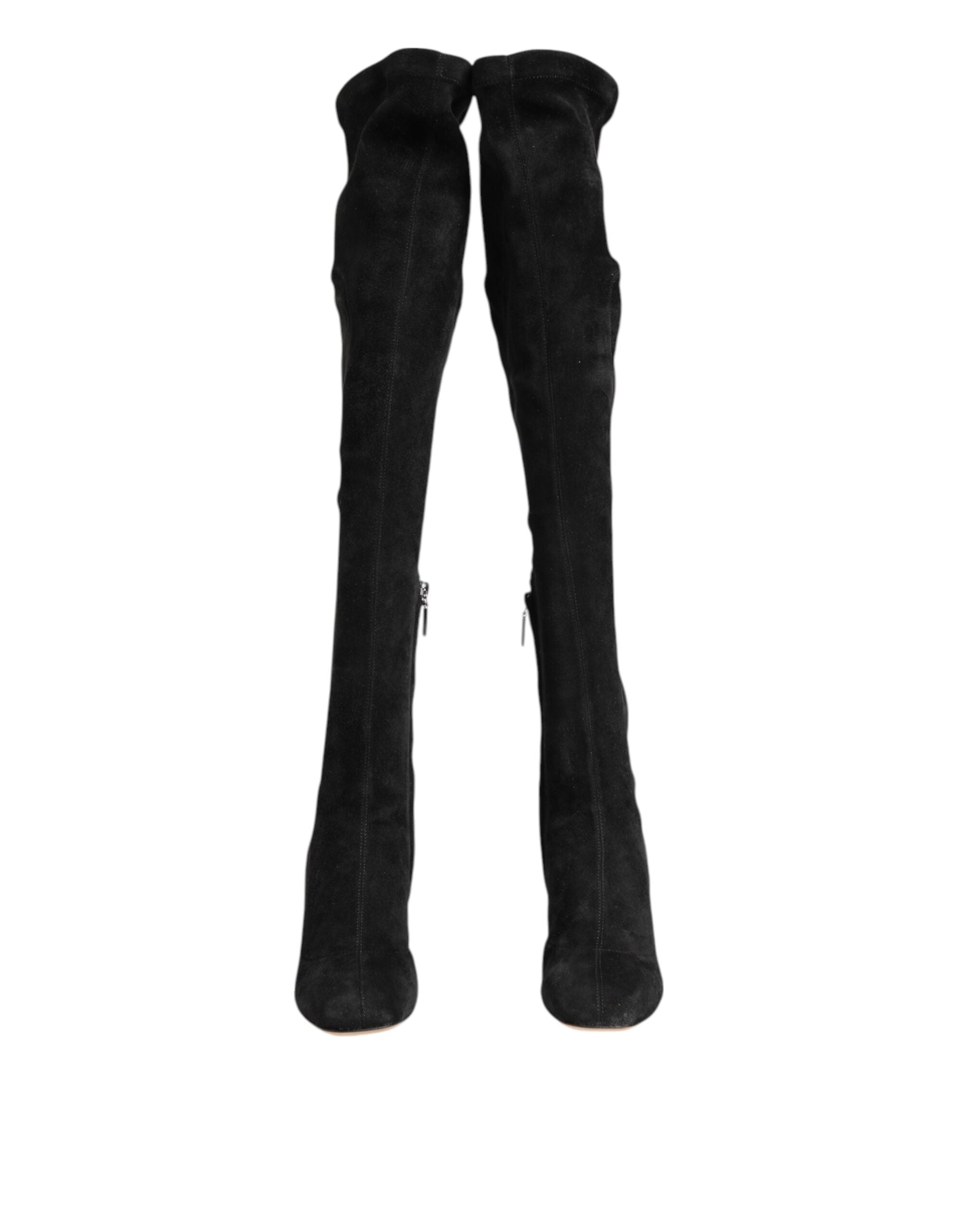 Bottes hautes en cuir suédé noir de Dolce & Gabbana, chaussures élégantes jusqu'au genou pour femmes.