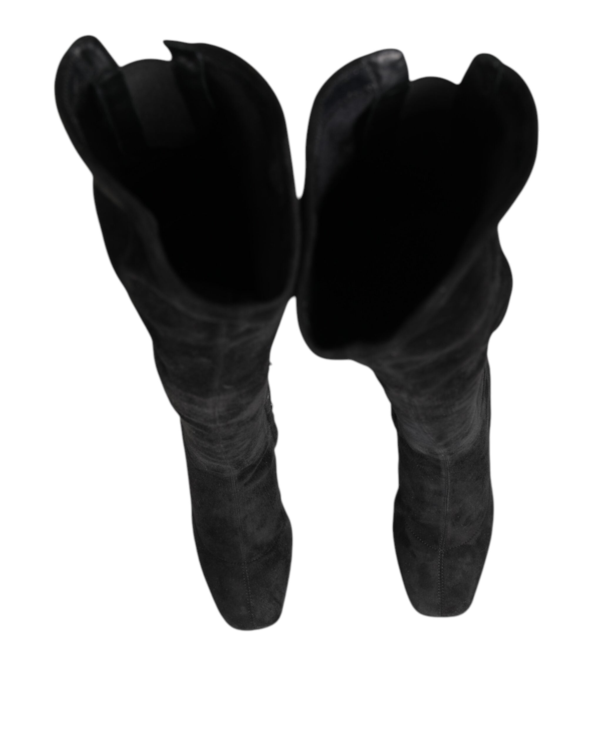 Bottes en cuir suédé noir Dolce & Gabbana, hautes jusqu'au genou, avec talons et design élégant.