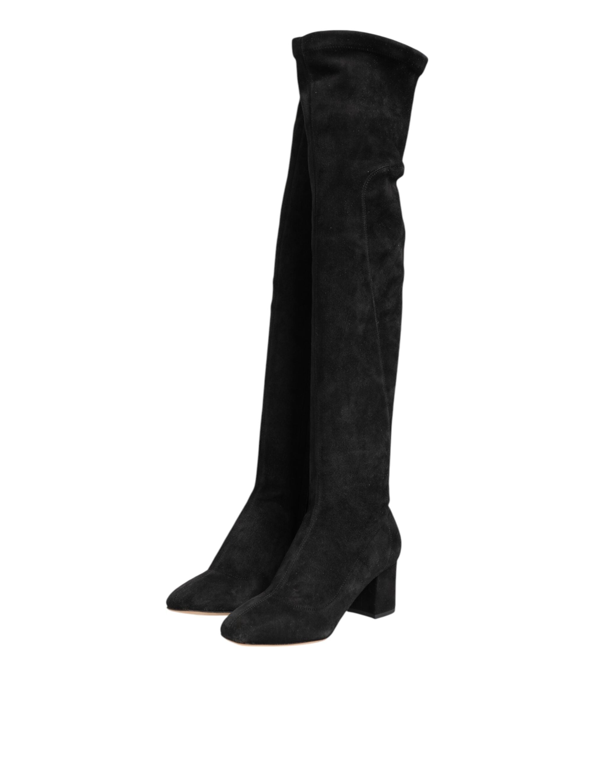 Bottes hautes en cuir suédé noir de la marque Dolce & Gabbana, chaussures élégantes pour femmes.