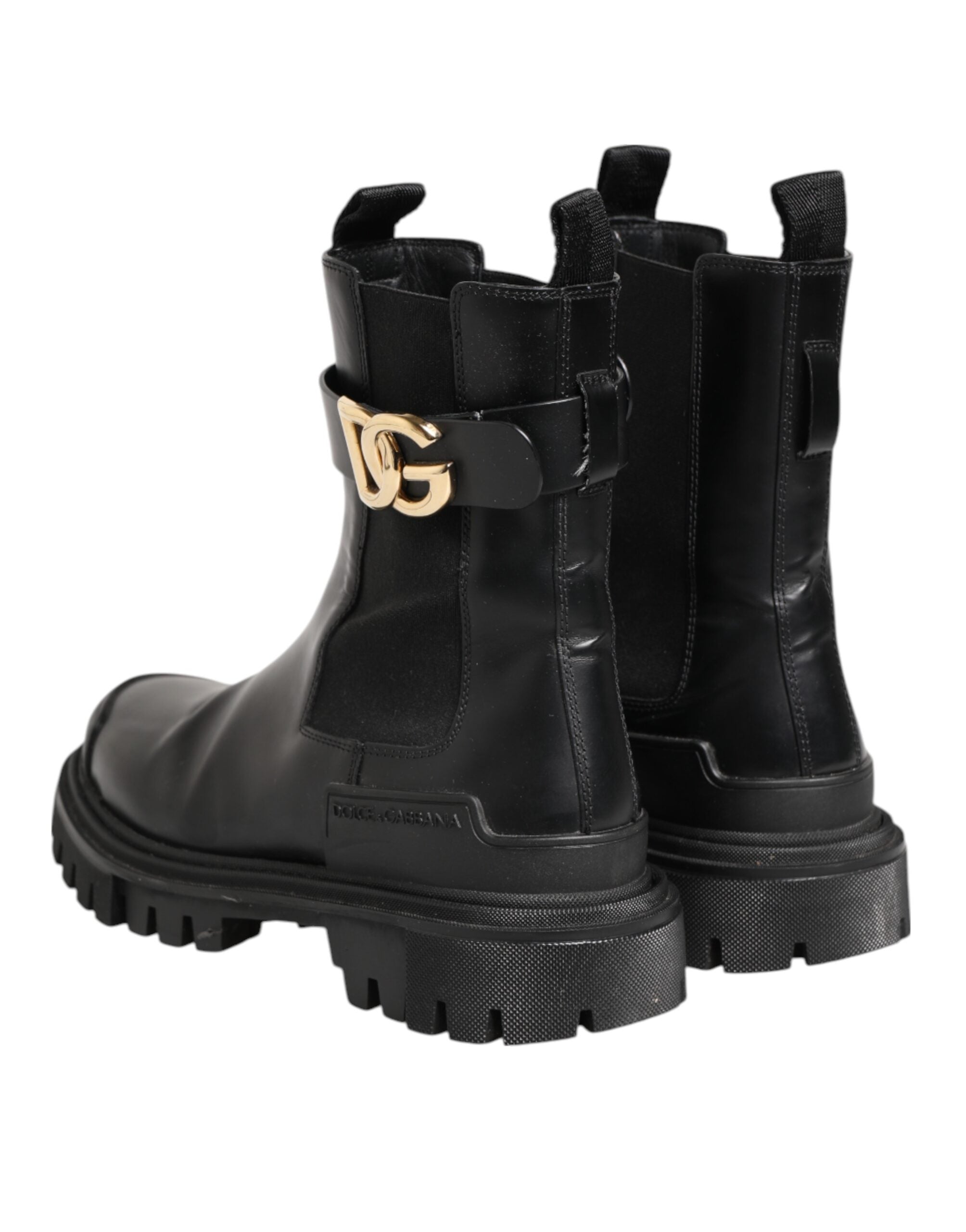 Bottes de randonnée Dolce & Gabbana noires avec logo doré DG, style trekking, en cuir et caoutchouc, hauteur mi-mollet.
