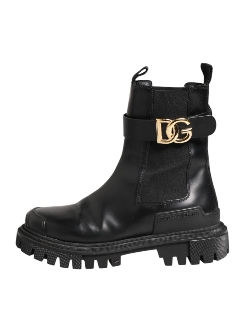 Bottes de randonnée Dolce & Gabbana noires et dorées avec logo DG, en cuir, hauteur mi-mollet et design élégant.