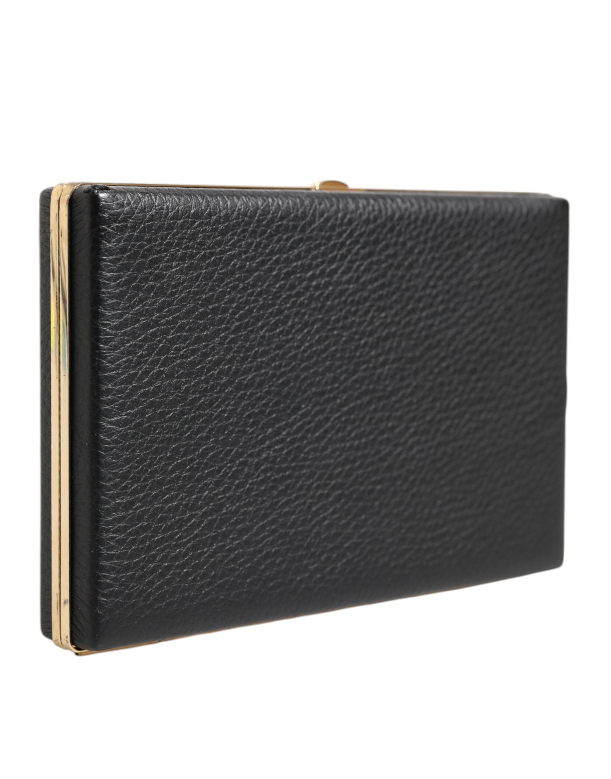 Sac clutch noir en cuir Dolce & Gabbana avec cadre doré, parfait pour soirée et occasions spéciales.