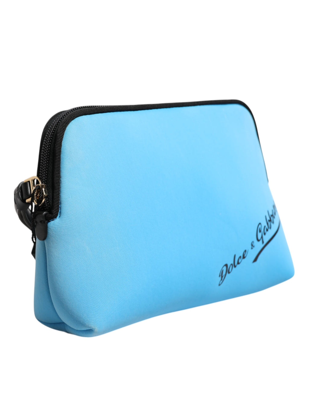 Pochette en nylon bleu Dolce & Gabbana avec logo DG, fermeture éclair et design élégant.