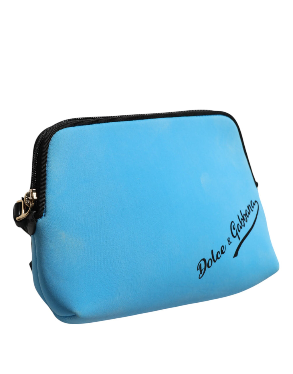 Pochette en nylon bleu Dolce & Gabbana avec logo DG imprimé, zip, design élégant et pratique.