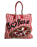 Sac cabas Dolce & Gabbana rouge I Love Pizza avec broderies en strass, motif pizza et détails élégants.