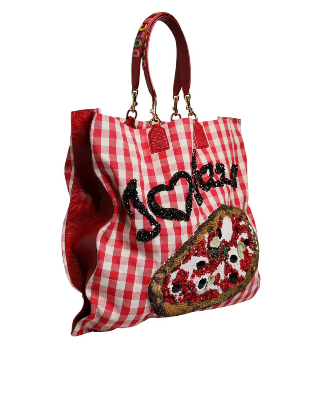 Sac cabas Dolce & Gabbana rouge "I Love Pizza" orné de strass, style original et décoratif pour accessoires tendance.