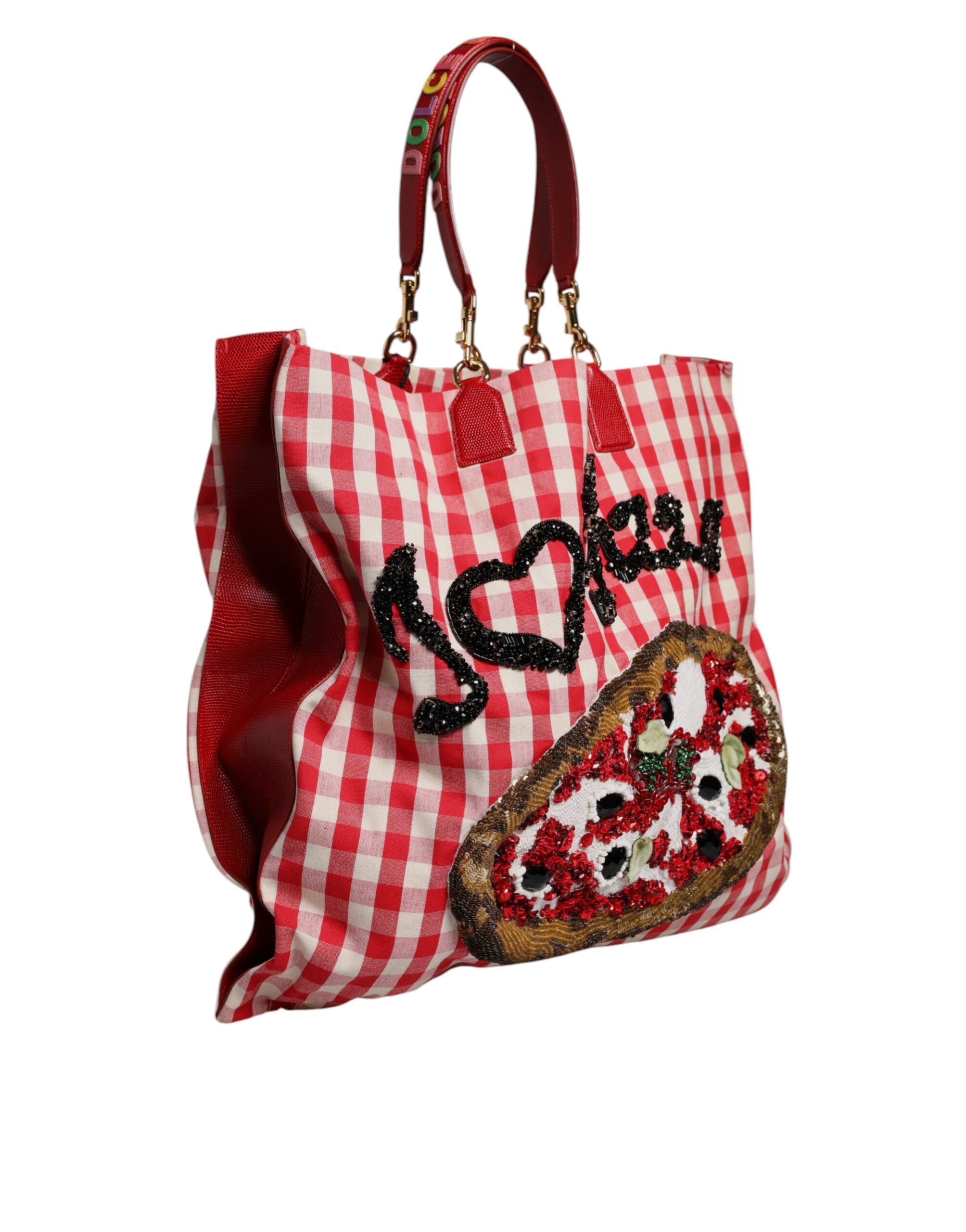 Sac cabas Dolce & Gabbana rouge "I Love Pizza" orné de strass, style original et décoratif pour accessoires tendance.