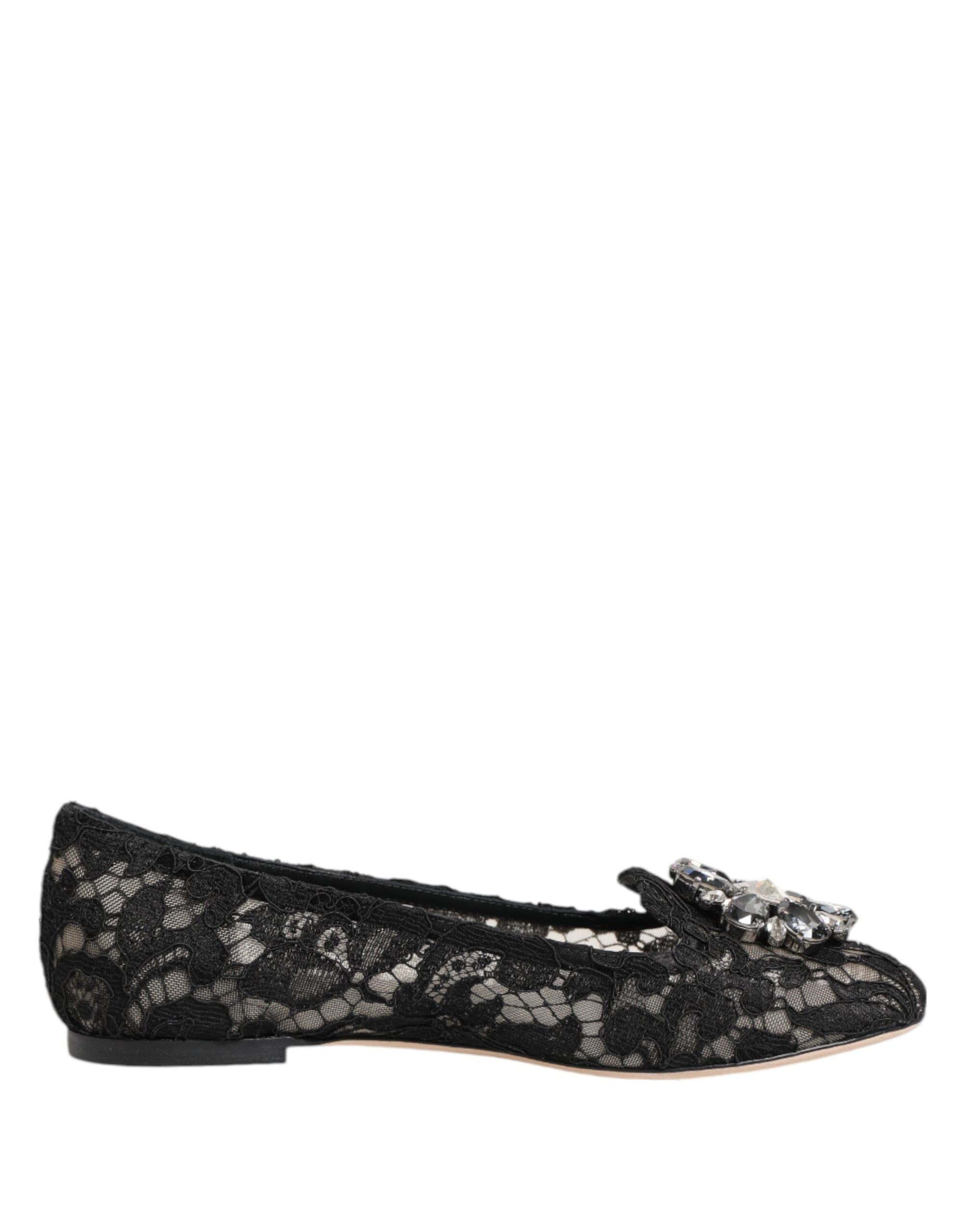 Escarpins Dolce & Gabbana Taormina en dentelle noire avec cristaux, détails élégants et semelle en cuir.