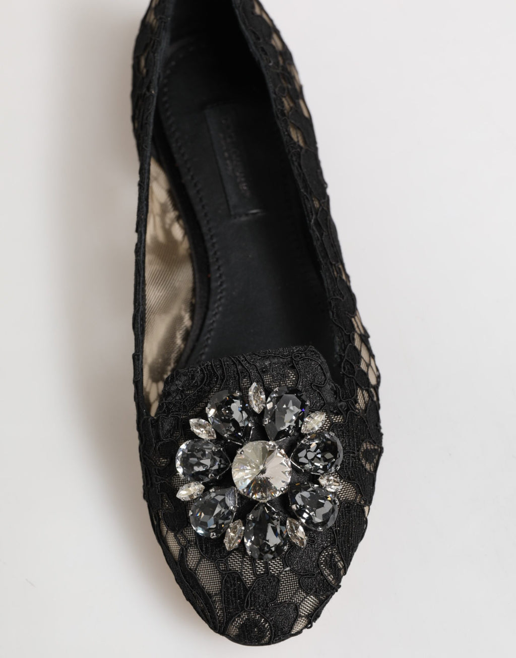 Chaussures plates Dolce & Gabbana Taormina en dentelle noire ornée de cristaux, chaussures élégantes pour femmes