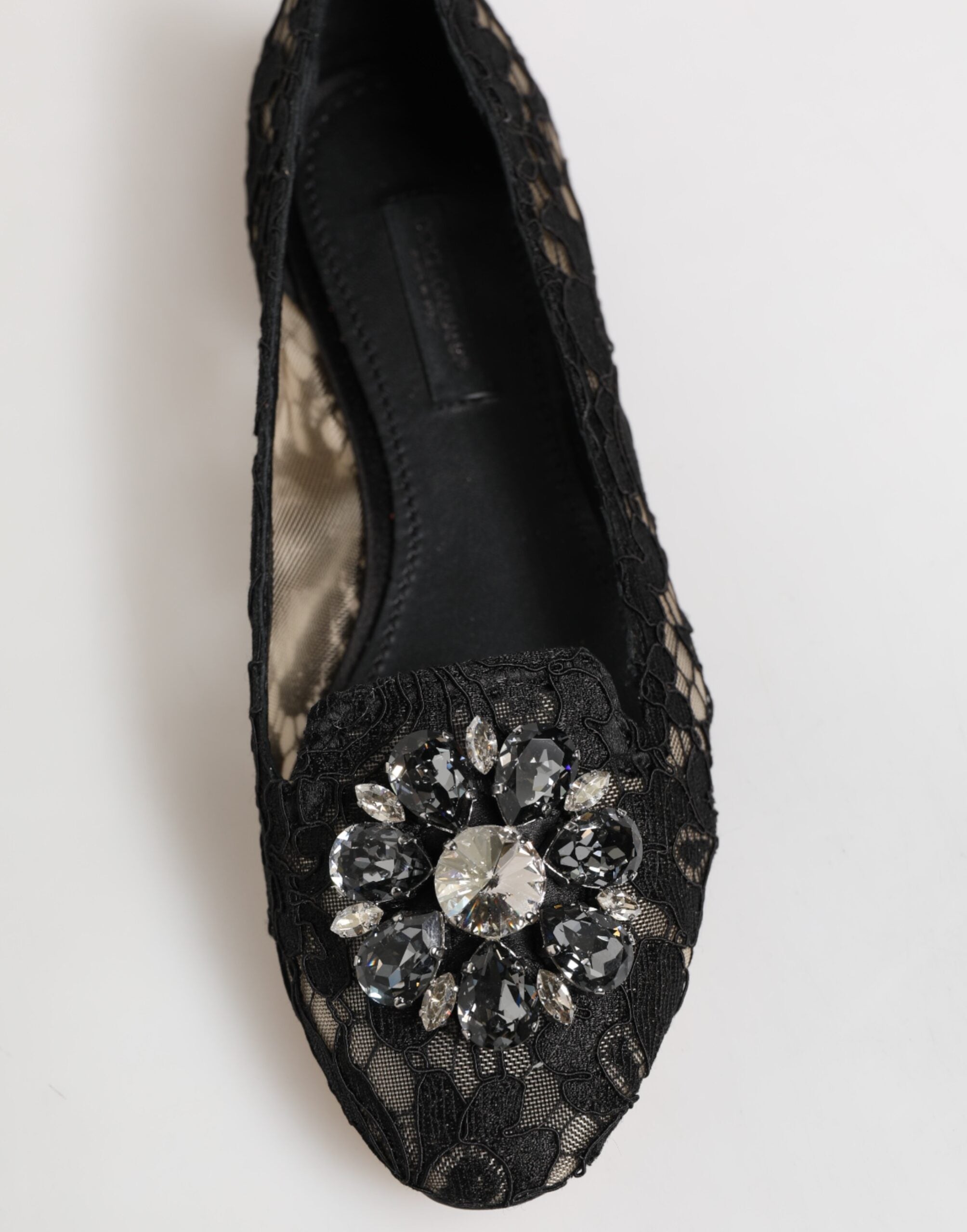 Chaussures plates Dolce & Gabbana Taormina en dentelle noire ornée de cristaux, chaussures élégantes pour femmes