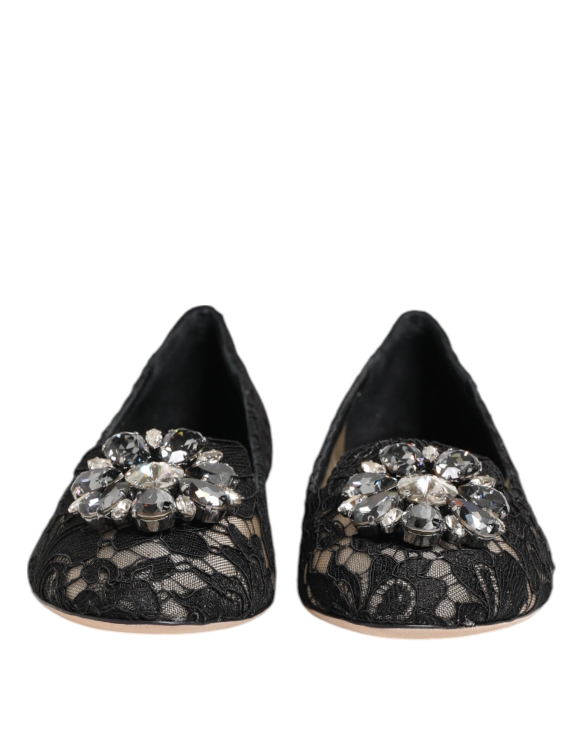 Chaussures plates Dolce & Gabbana Taormina en dentelle noire avec cristaux, élégantes et raffinées pour femmes.