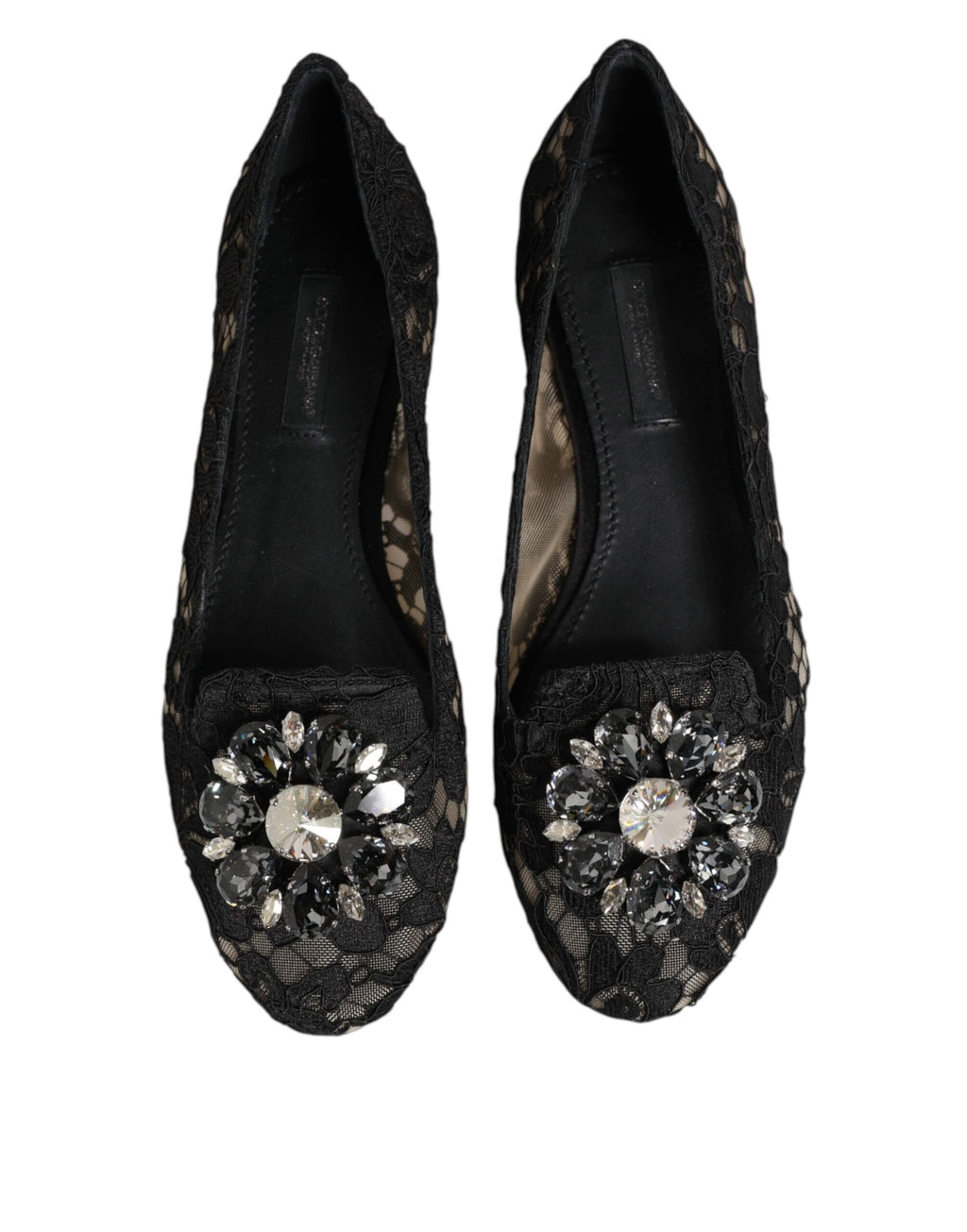 Chaussures plates en dentelle noire Dolce & Gabbana Taormina avec cristaux, élégantes et raffinées pour femmes.