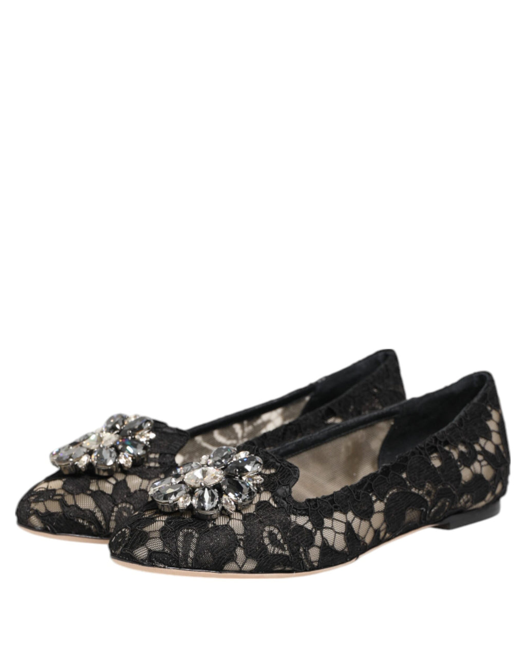 Chaussures plates noires Dolce & Gabbana Taormina en dentelle avec cristaux, élégantes et raffinées pour femme.