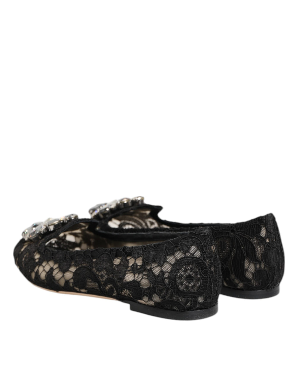 Chaussures plates Dolce & Gabbana Taormina en dentelle noire avec cristaux, élégantes et détaillées.